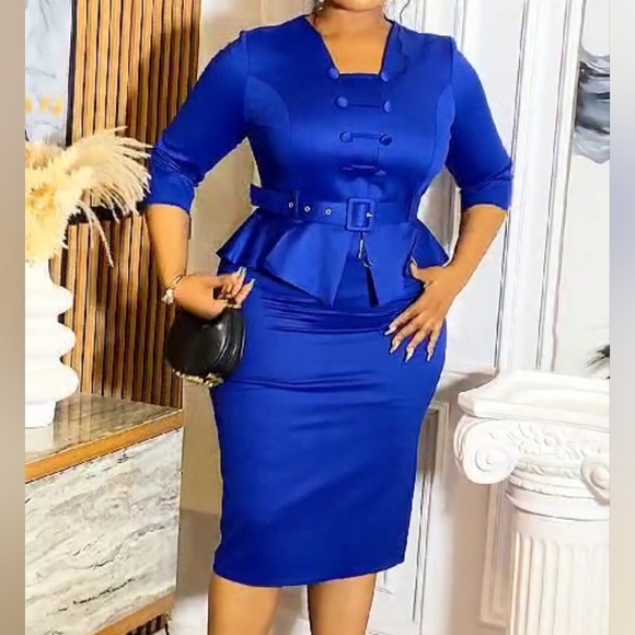 NWT Elegant Royal Blue Fitted Peplum Dress with Belt - Picture 4 of 6